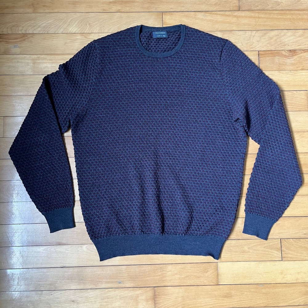 Falconeri Mens 100% Wool Honeycomb Knit Sweater Grey Burgundy Made in Italy 52 L